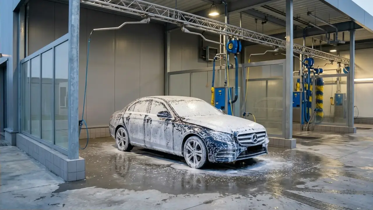 Автомойка с автомобилем в пене (иллюстрация)